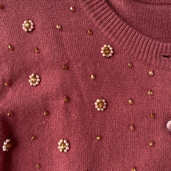 Calypso Dusty Rose Pink Cashmere Cardigan Sweater with Faux Pearls, Size M. - Picture 4 of 6
